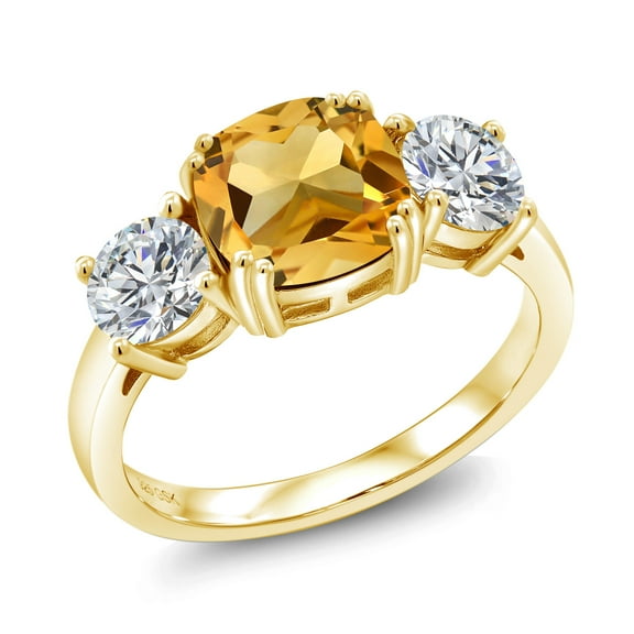 Gem Stone King 18K Yellow Gold Plated Silver Yellow Citrine and Lab Grown Diamond Engagement Ring for Women | 3.00 Cttw | Cushion 8MM | Gemstone November Birthstone | Size 9