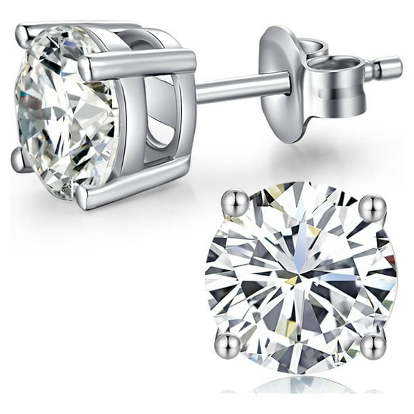 Aretes Stud con Zafiro Blanco Redondo de 4 Quilates en Oro Blanco de 18K – Paris Jewelry® , Regalo de Joyería para Mujer, Hombre y Niña
