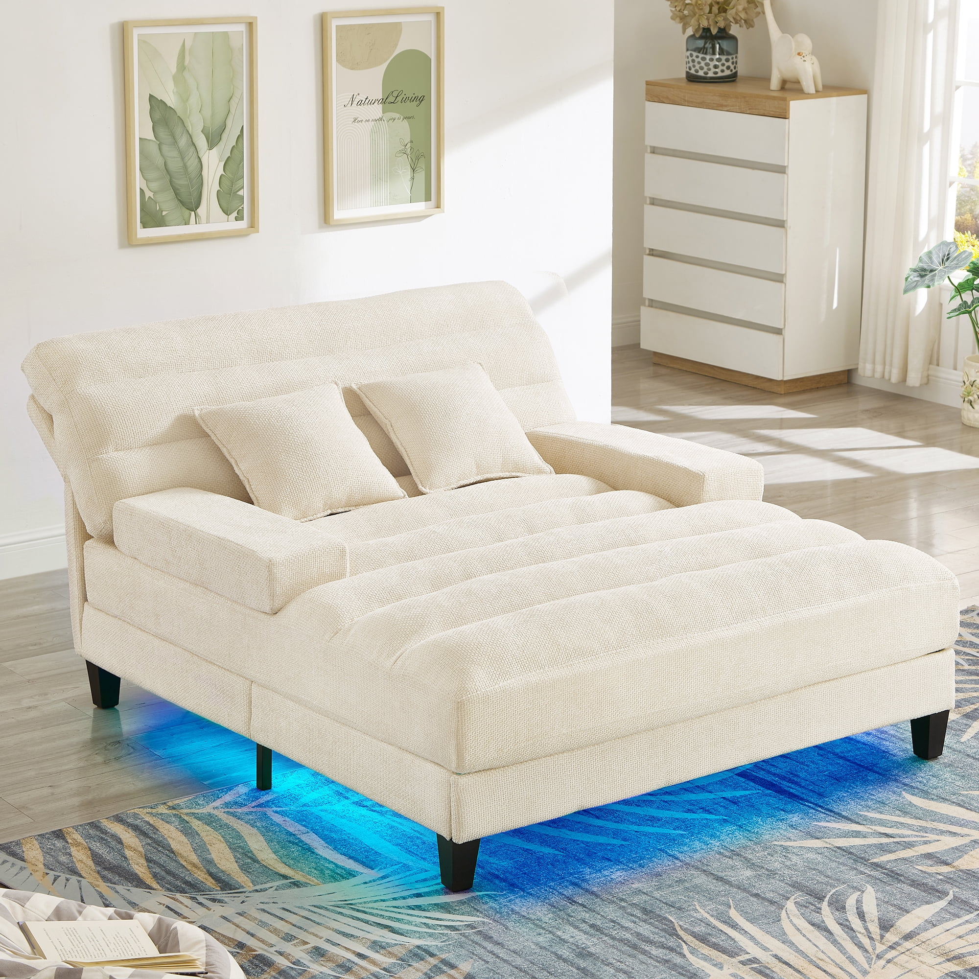 Euroco Modern Chaise Lounge Sofa 57.1" Sofa Bed Chenille Upholstered Lounge Sofa Chair with Adjustable Backrest and LED Light Strip for Living Room, Beige