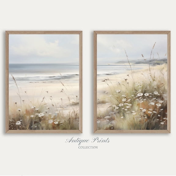 UNFFRAMED Muted Beach Landscape 2 Pieces Wall Art, Neutral Seascape, Vintage Coastal Wall Art, Ocean Landscape Posters, Set 2 Prints 8x12