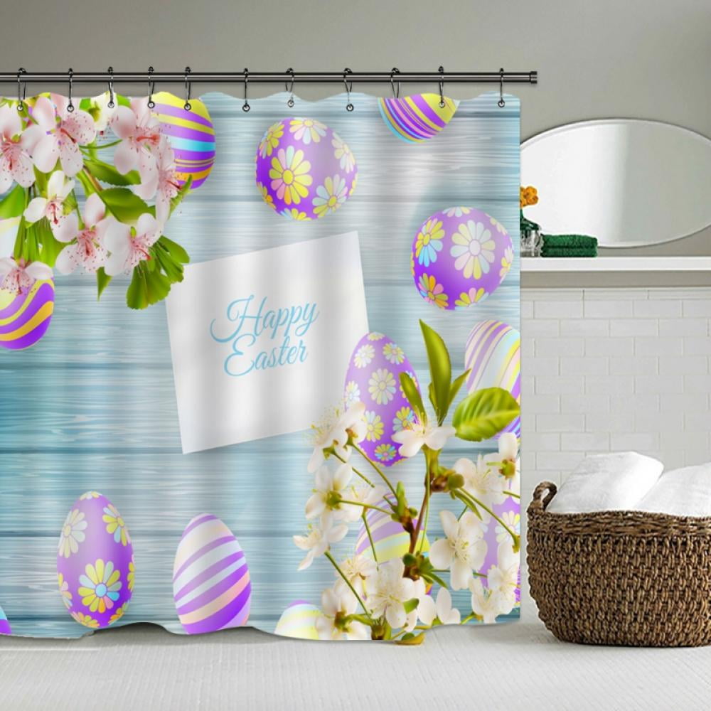 Easter Theme Fabric Shower Curtain Eggs Candle Basket Decor Bathroom Waterproof 