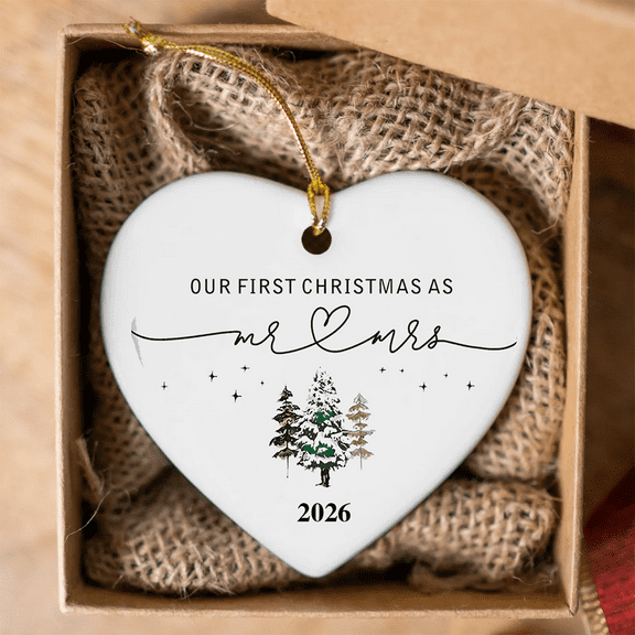 2025 Christmas Tree Heart Shaped Ornament Decor-Our First Christmas as mr mrs-Married Present-Wedding Gift for Couples-Bride Shower Gift-Ceramic Ornament Heart Keepsake