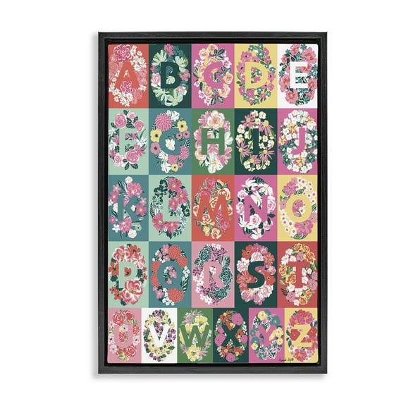 Stupell Industries Cottagecore Blooms Alphabet Plants & Flowers Painting Black Floater Framed Canvas Art Print Wall Art, 17 x 25