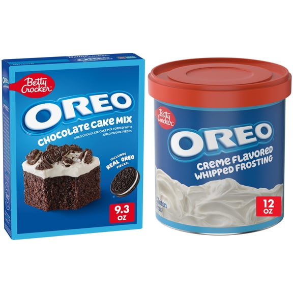 Betty Crocker OREO Chocolate Cake Mix, Baking Mix With OREO Cookie Pieces, 9.3 oz and Betty Crocker Oreo Cream Frosting