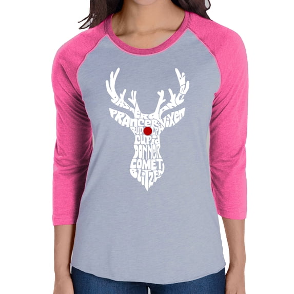 Women's Raglan Baseball Word Art T-shirt - Santa's Reindeer