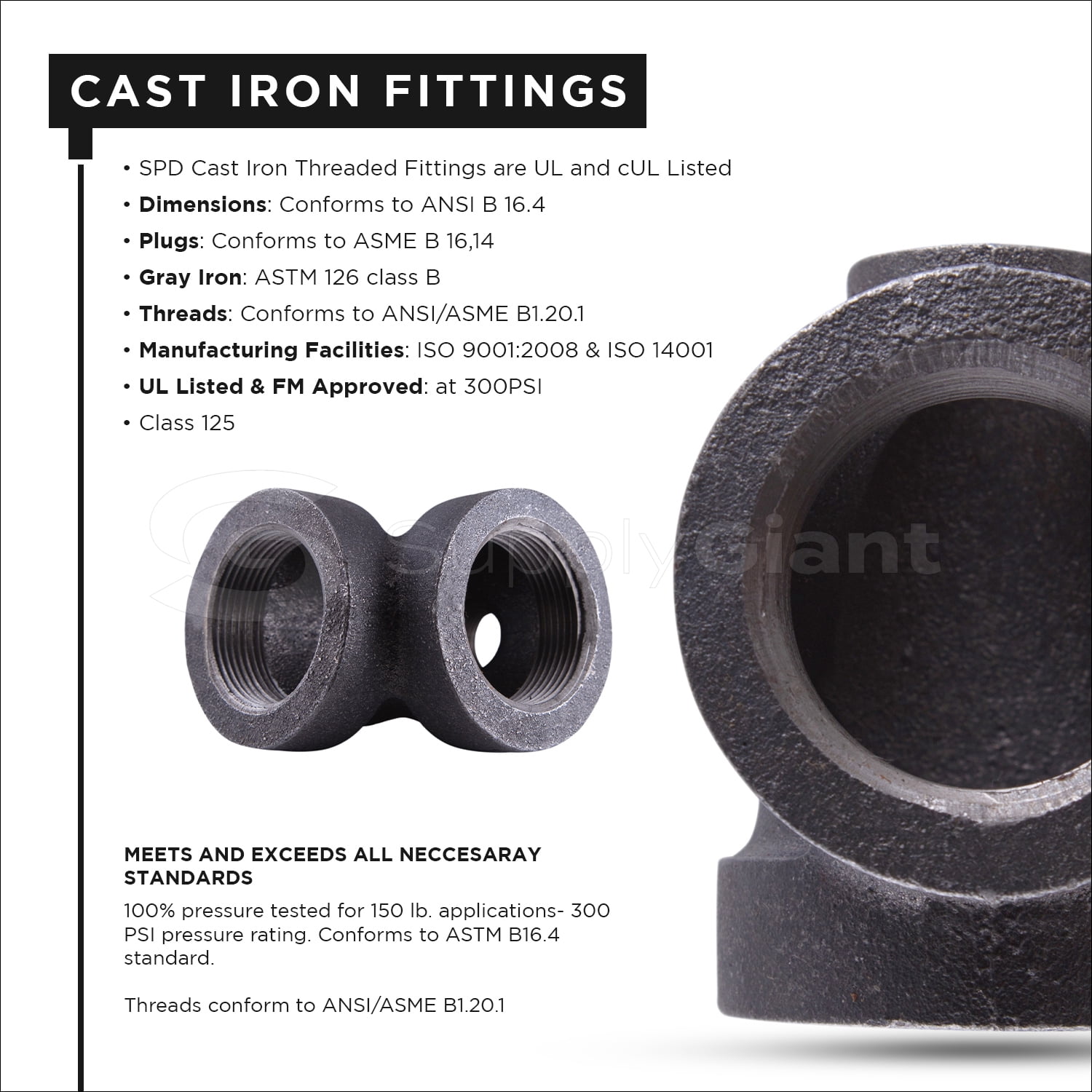Supply Giant 1-1/4" x 3/4" x 1-1/4" BLack Pipe Fitting Reducing Tee Cast Iron