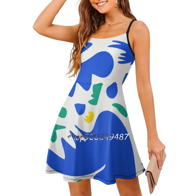 Abstract Blue Life Shapes Pattern Square Neck Dress New Plus Size Elegant Women Waist Tight Dress Abstract Blue Pattern Matisse