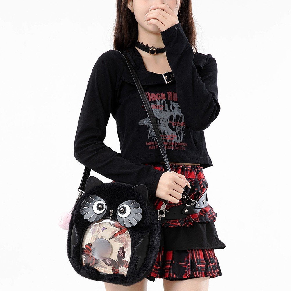 Hzzsbu Black Owl Plush Ita Bag Clear Pin Display Crossbody