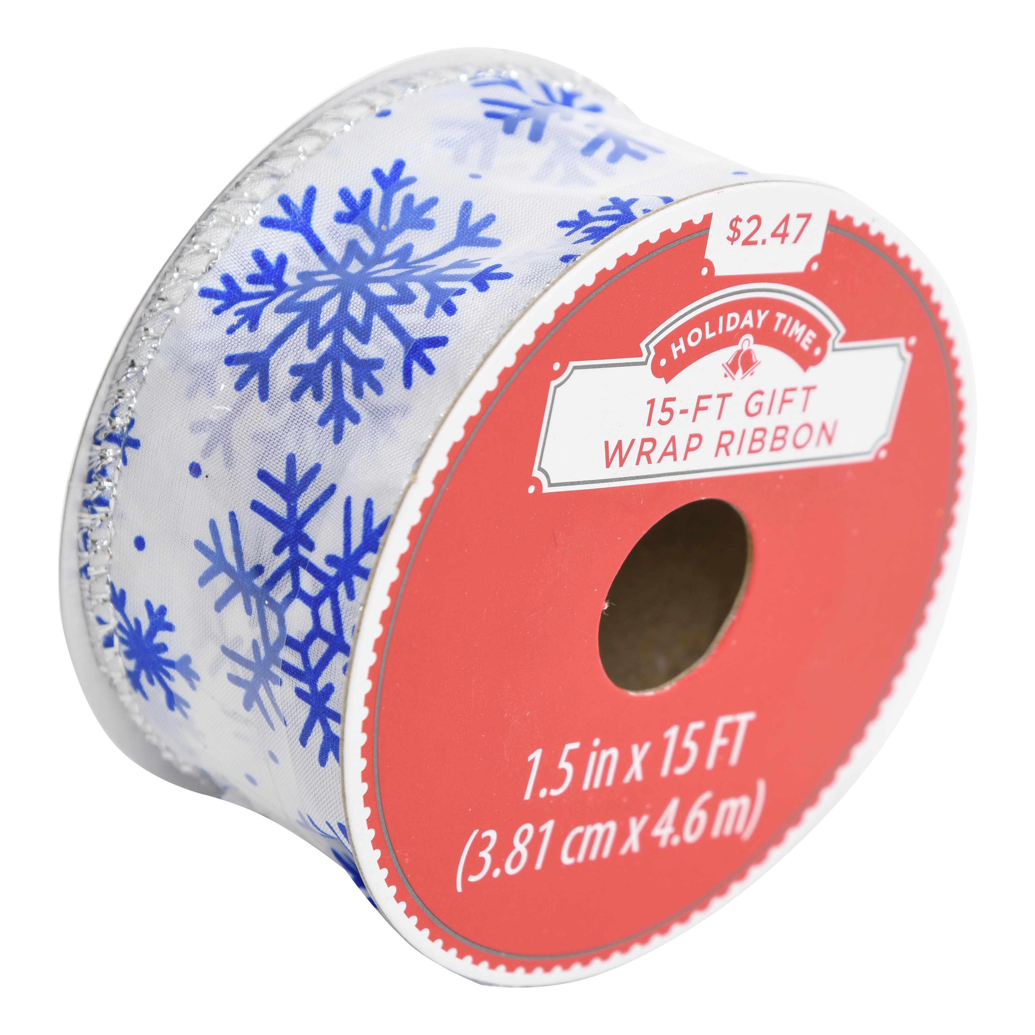 Holiday Time GiftWrap Ribbon, White with Blue Snowflakes, 1.5" x 15