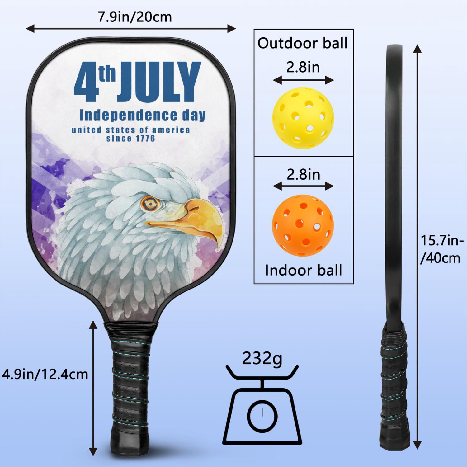 Pickleball Paddles Set Of 2, Fiberglass Surface, USA, Independence Day Print, 4 Balls & Bag