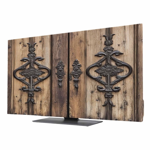 Indoor TV Cover 43 Inch, Wooden Plank Elastic Monitor Dust Covers for Television, Desktop Computer Rustic Farmhouse Brown Black Barn Door Dustproof Fitted TV Cover for Inside 37.6"L x 21.1"H