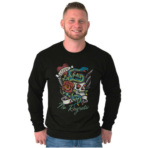 No Regrets Skull Snake Rose Tattoo Plus Size Long Sleeve Graphic Tee Shirt Brisco Brands 2X