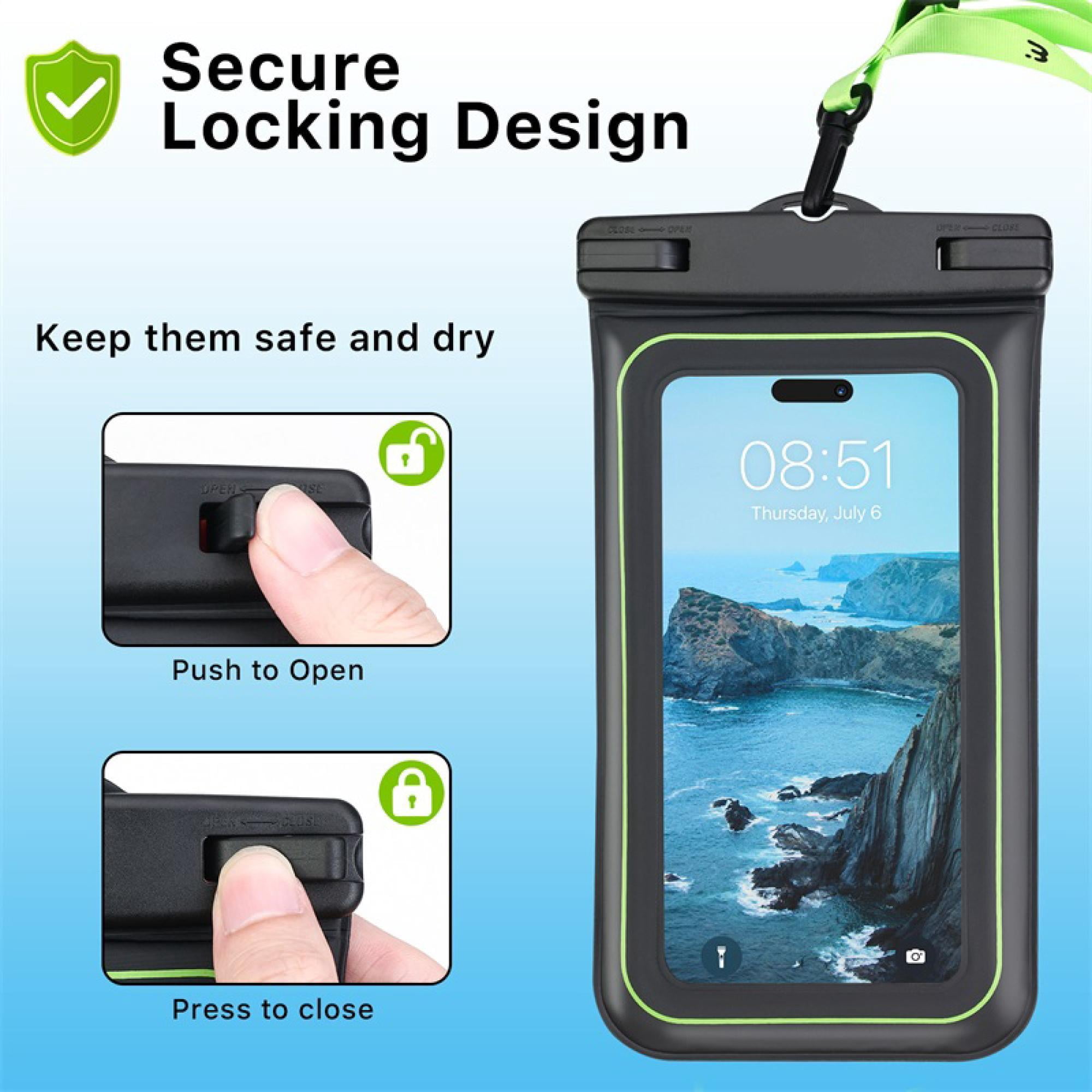 2-Pack Universal Floating Waterproof Phone Pouches – IPX8 Certified, Touchscreen Friendly, Lanyard Included – Fits Most Smartphones (Black)
