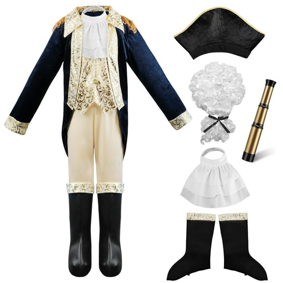 Kids George Washington Costume With Wig and Hat Accessories, Boys Children Hamilton American Colonial Day Outfit