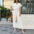 thumbnail image 4 of Aloohaidyvio Fashion Women Summer Jumpsuit Casual Short Sleeve Pockets Wrap V-Neck Belted Wide Leg Pants Rompers White S, 4 of 6