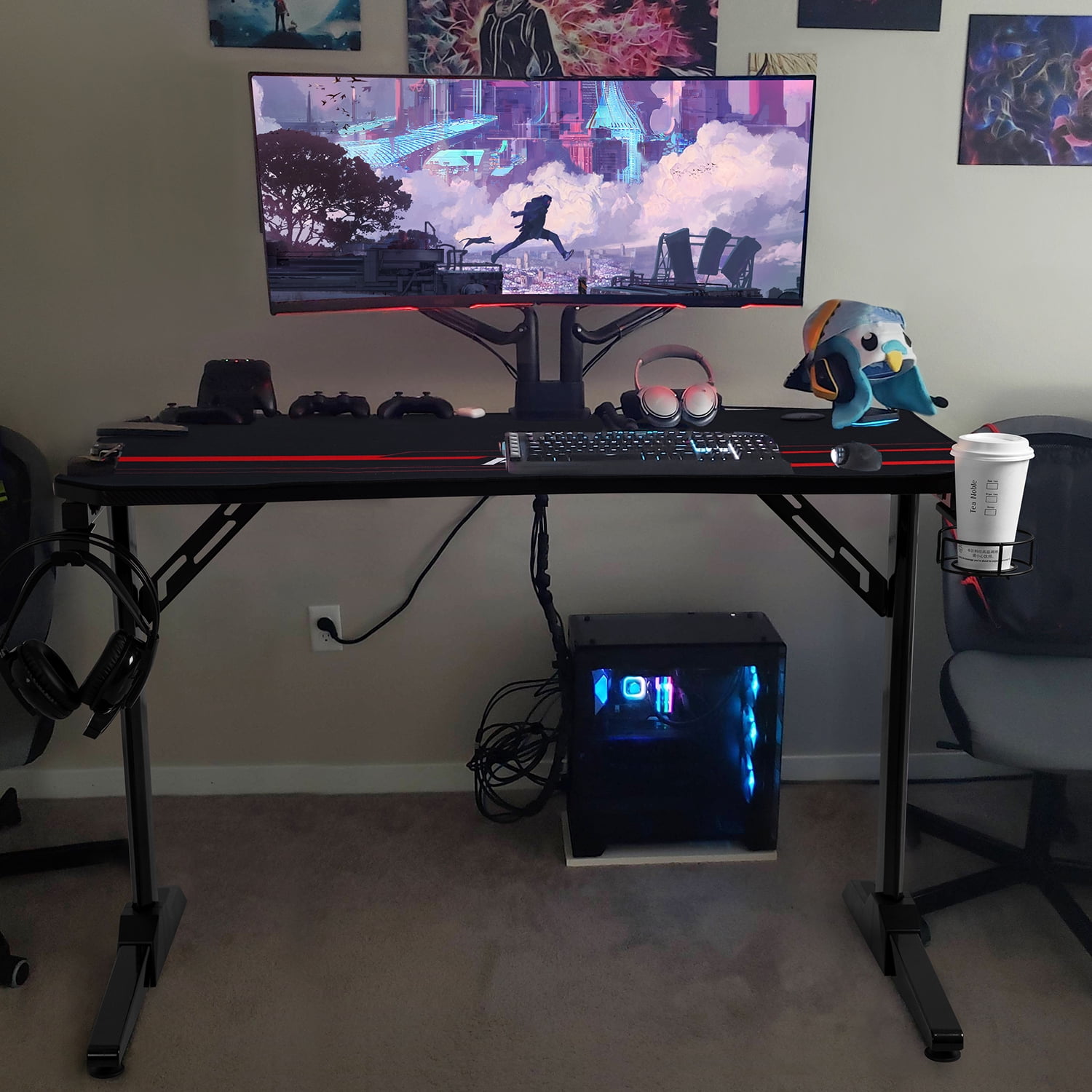Lacoo 43 Inches Gaming Desk T-Shaped Metal Frame Gaming Desk with Cup Holder and Headphone Hook, Black