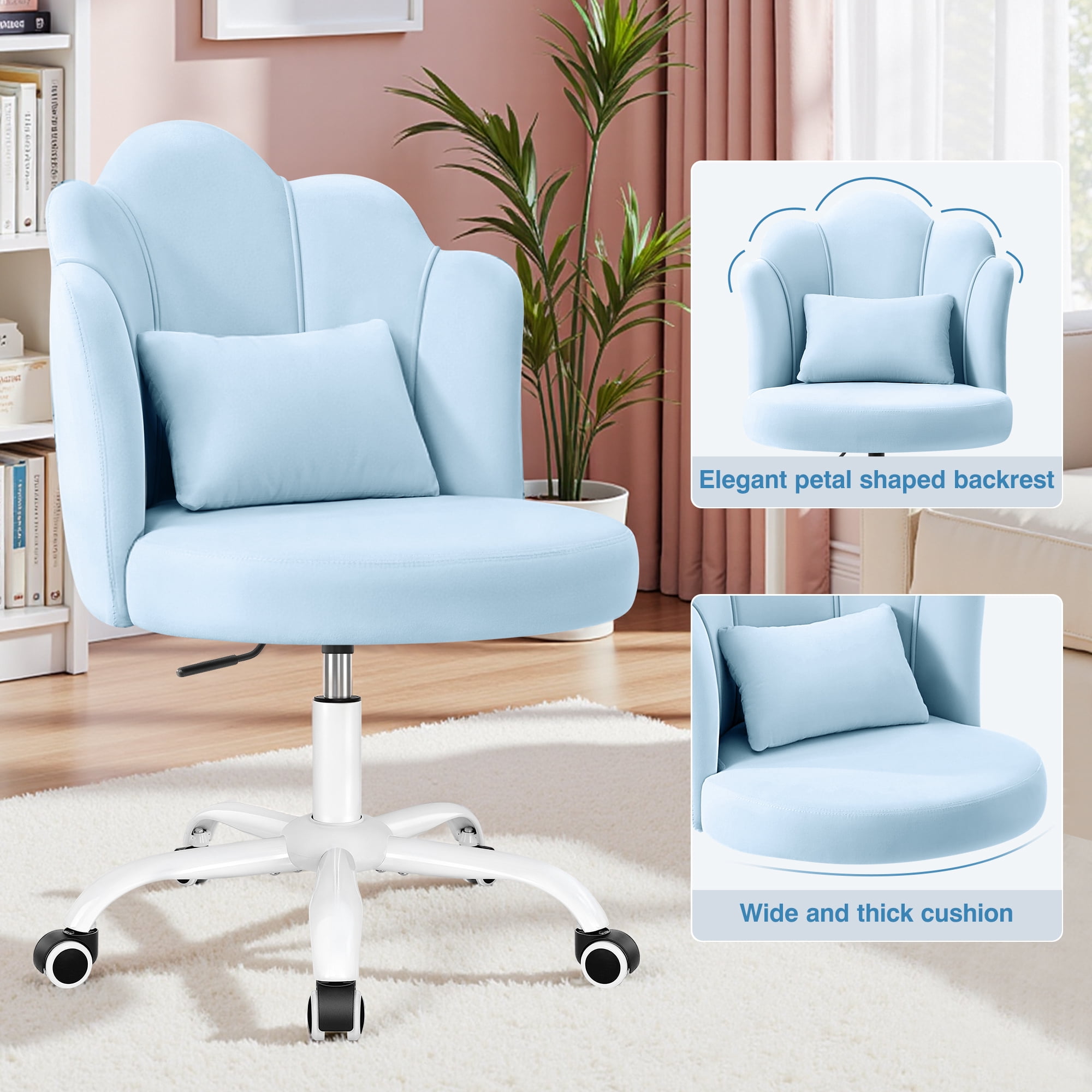 COOLHUT Vanity Chair, Velvet Petal Vanity Makeup Chair with Lumber Support, Home Office Desk Chair with Wheels, Height Adjustable Computer Work Chair for Bedroom, Living Room, Blue