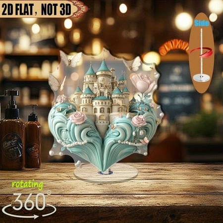 1pc 2d flat Rotating acrylic centerpiece featuring a fairytale castle in a heart-shaped shell surrounded by enchanting elements perfect for romantic occasions and festive celebrations