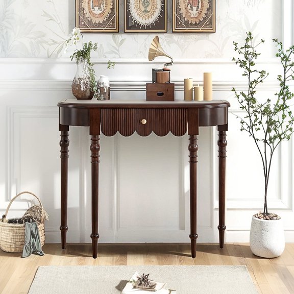 Etelifrank Retro Solid Wood Console Table with Drawer, 39.37" Black Walnut