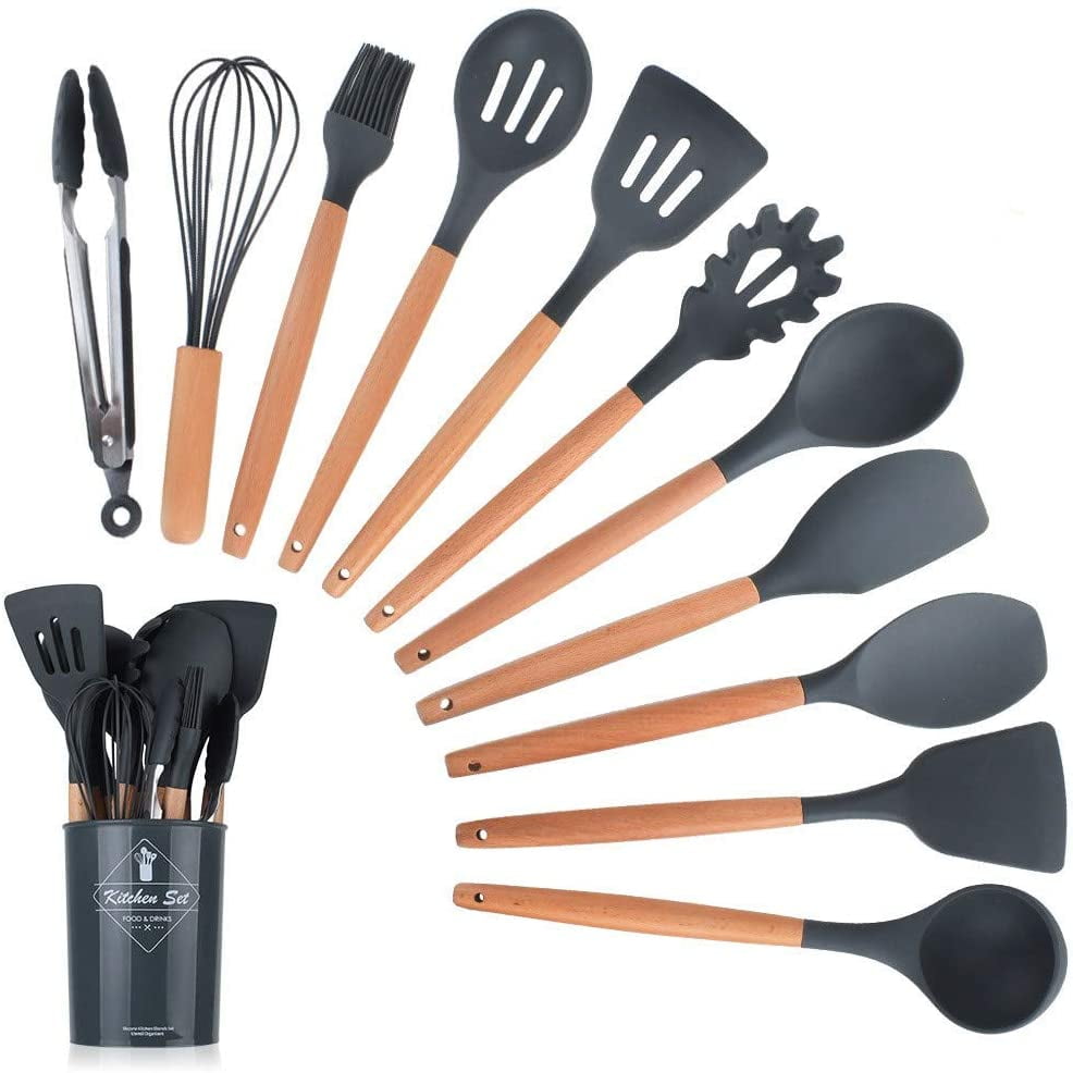Silicone Cooking Utensils Set Heat Resistant Bpa Free Kitchen Utensils Set Wooden Handle Durable For Nonstick Cookware Cooking Utensils Set With Holder (17pcs)