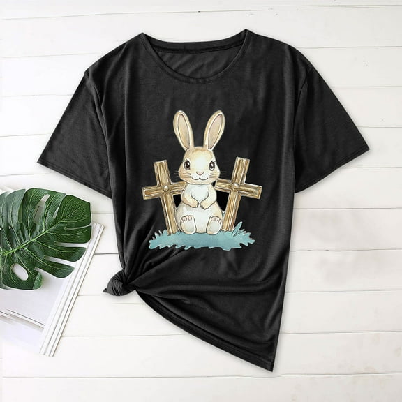 QUNYINEY Casual Tee Shirts Womens Easter Pullover Short Sleeve Crew Neck Tops Loose Women Tops