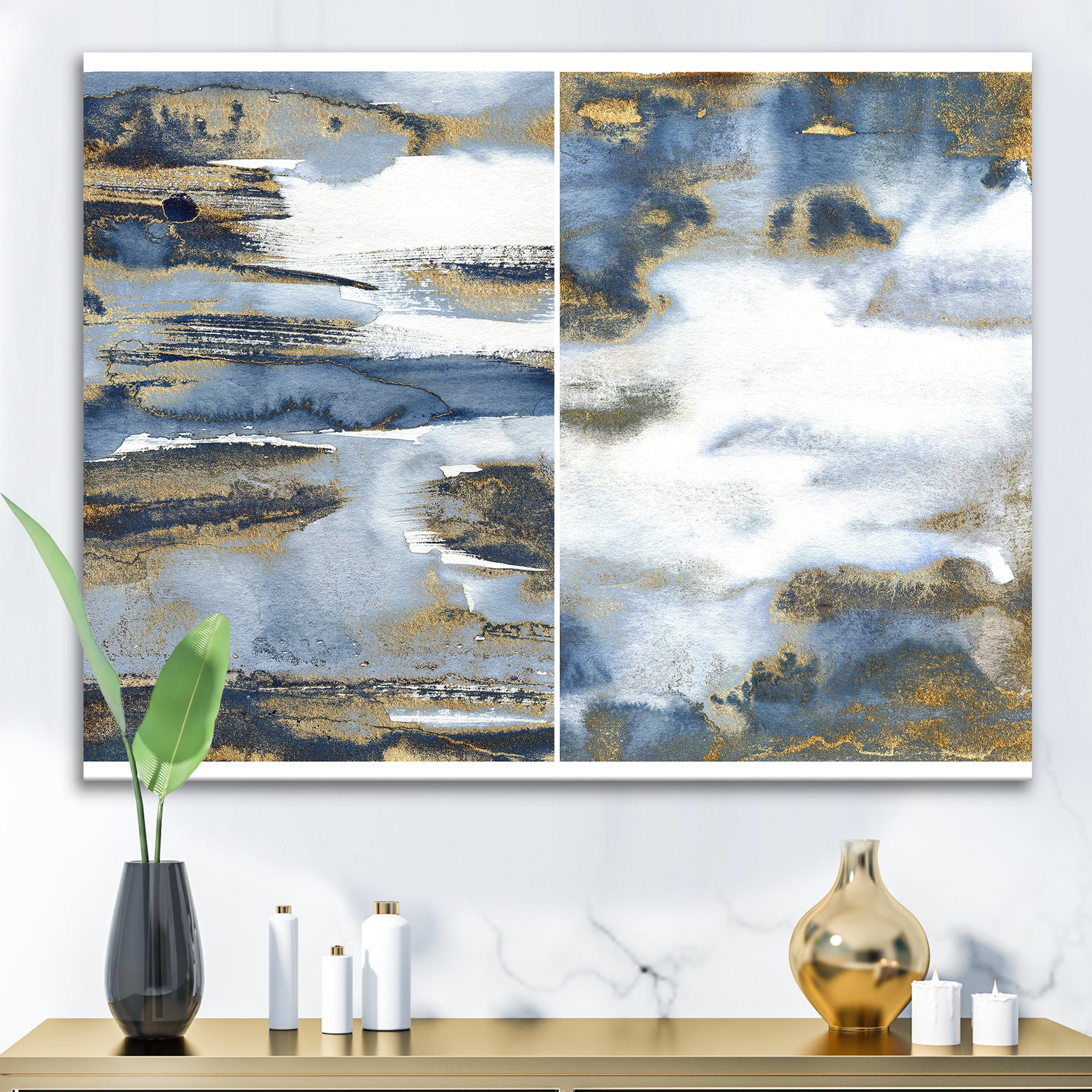Designart ' Gold and Dark Blue Abstract Waves III ' Modern Canvas Wall Art Print