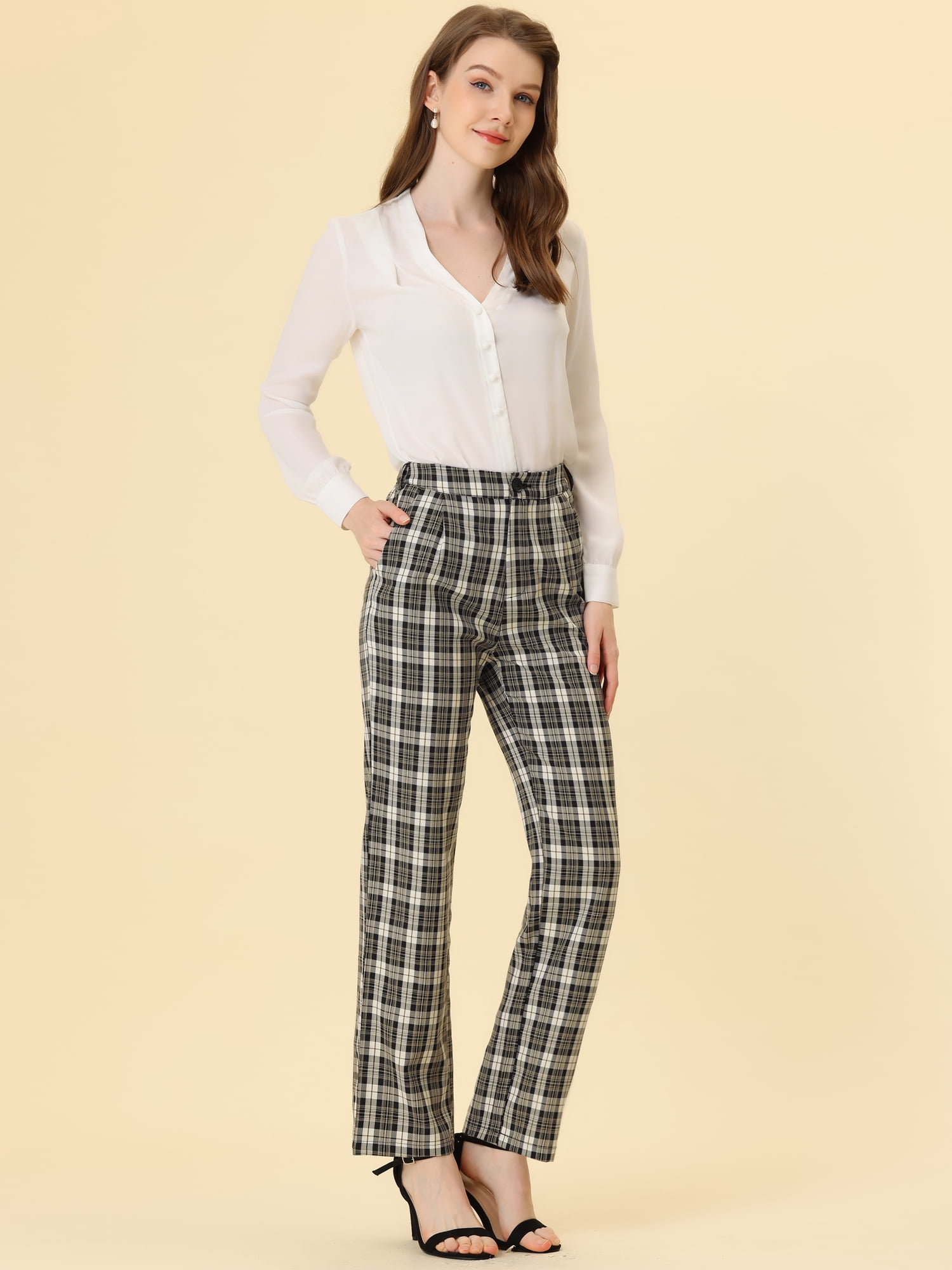 DARING DIVA Women's Plaid Trousers Pockets Straight Leg Casual Pant L Black Beige