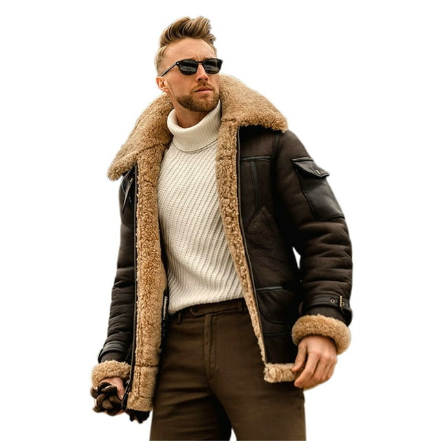 FOCUSNORM Men's Zip Up Leather Jacket Woolen Fleece Long Sleeve Contrast Color Pockets Lapel Neck Casual Coat