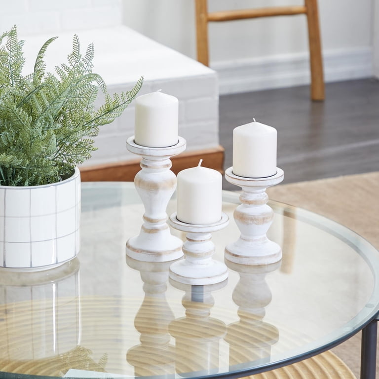 DecMode Farmhouse White Washed Wood Pillar Candle Holders Set of 3 photo 2