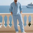 thumbnail image 2 of Migroa Mens 2 Pieces Cotton Linen Set Long Sleeve Shirts Casual Drawstring Yoga Pants Loose Fit Straight Legs Beach Trousers Summer Beach Wedding Outfits Light Blue L, 2 of 8