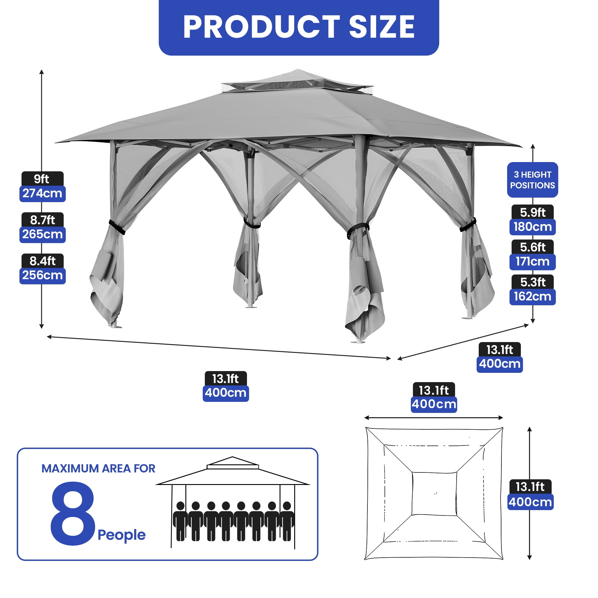 Uforic 13'x13' Pop Up Gazebo, Outdoor Double Roof Gazebo Tent with Netting Walls, Double Vented Roof Canopy, Beige