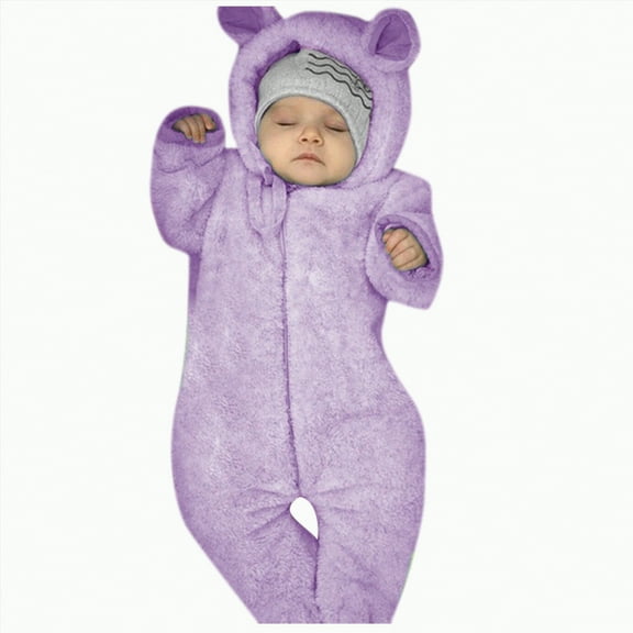 Ccpelsie Newborn Baby Bear Fleece Outfit Footie Jumpsuit Winter Romper Snowsuit outfit Bear Suit Warm Hooded Outfits(Purple,6-12 Months)