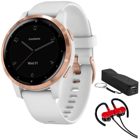 Garmin 010-02172-21 Vivoactive 4S Smartwatch, White/Rose Gold Bundle with Deco Gear Magnetic Wireless Sport Earbuds, Red with Carrying Case and Voltix 2600mAh Portable Power Bank