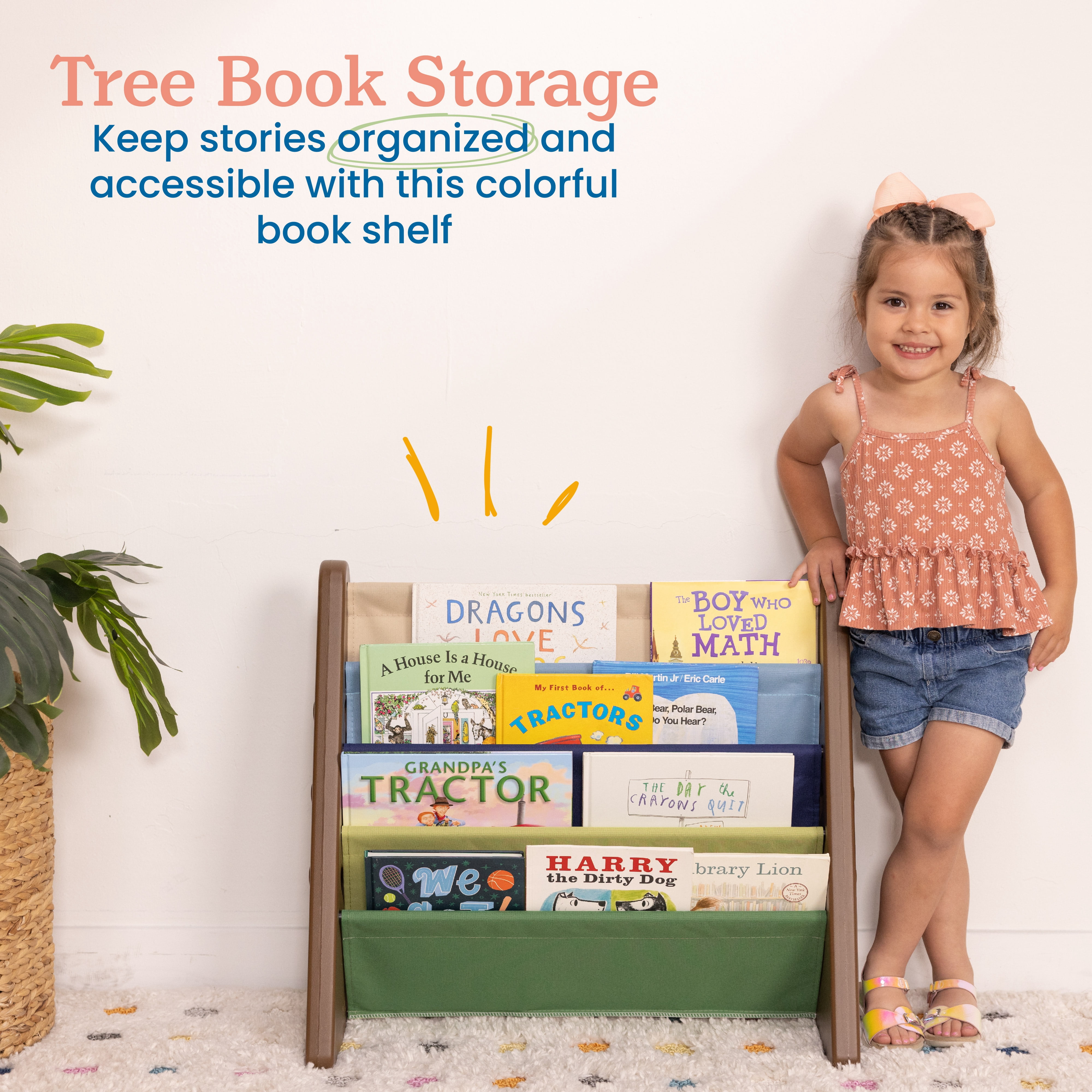 ECR4Kids 4-Tier Sling Book Display with Deep Fabric Pockets, Earthtone