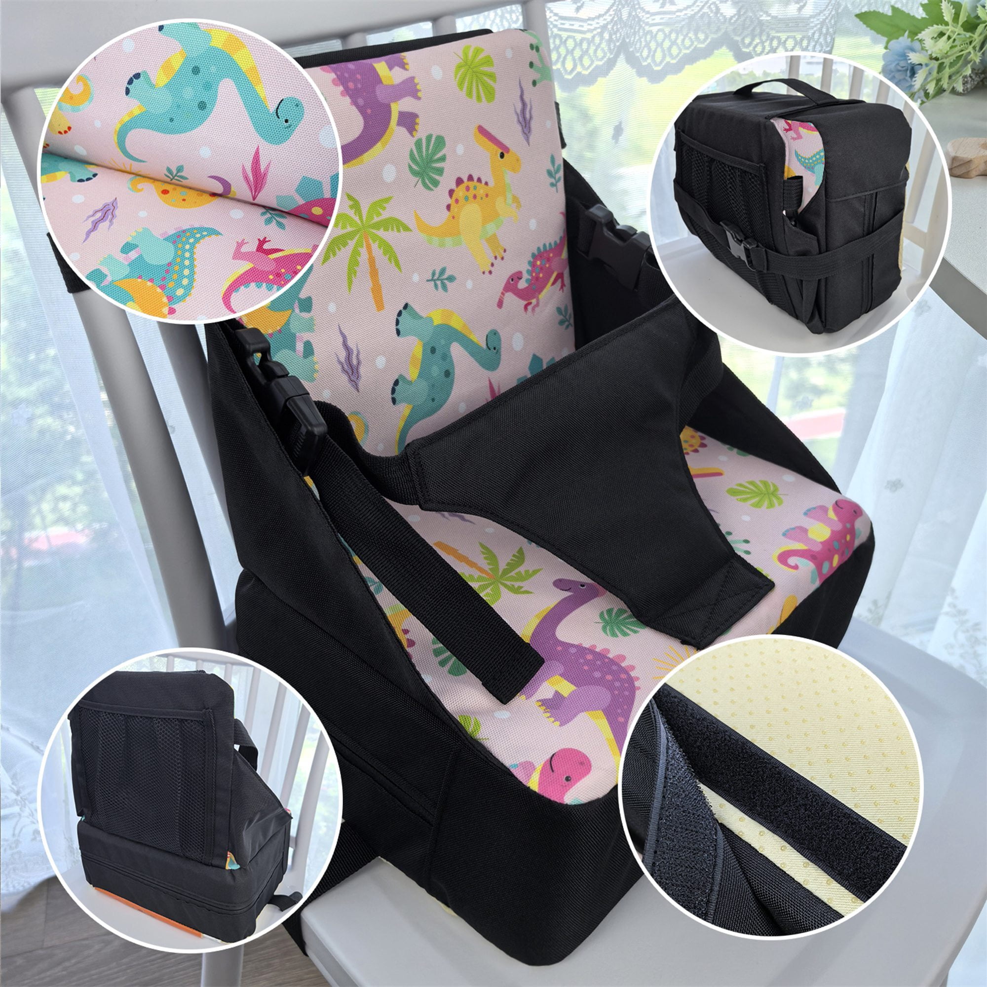 GOLDCOLIN Toddler Booster Seat Folds into Diaper Bag with Mesh & Side Pockets Storage for Diapers Bottles Waterproof Portable Adjustable Straps Non-Slip