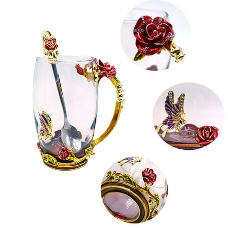 

Clear Glass Tea Coffee Cups Elegant Enamel Flower Butterfly Glass Mugs with Spoon Gift Set for Women Girl Friend
