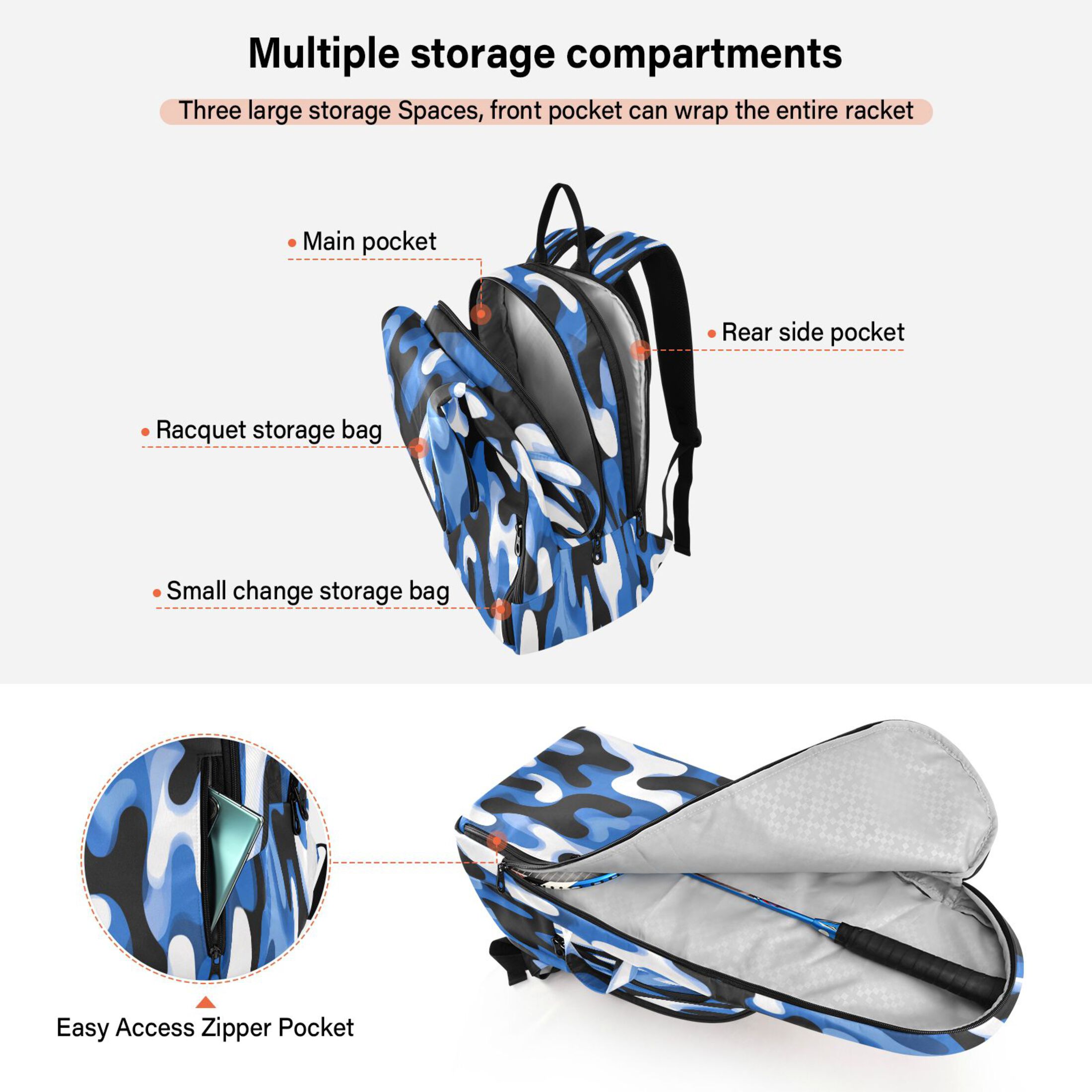 2 Racquet Holder Tennis Backpack Tennis Racket Covers Gym Bags Digital Blue and Black