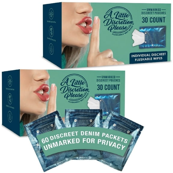 A Little Discretion Please, Individually Wrapped Flushable Wipes with Vitamin E and Aloe, Unscented, 60 Wipes Total
