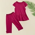 thumbnail image 2 of ShomPort Girls 2 Piece Outfits Summer Soft Ruffle Hem Short Sleeve Tops and Capri Pants Set, 2 of 8