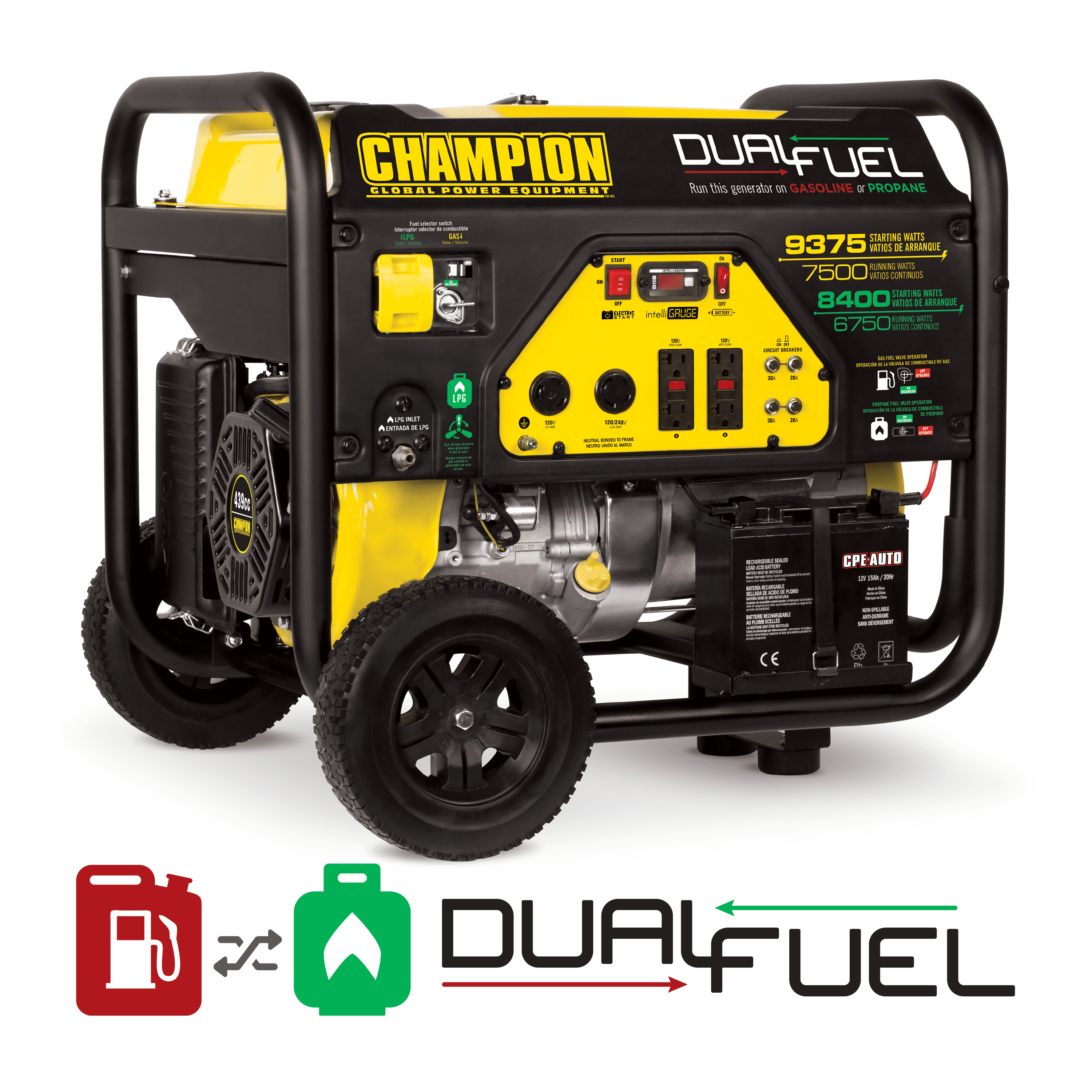 plan Dom Faderlig Champion Power Equipment 9375/7500-Watt Dual Fuel Portable Generator with  Electric Start (CARB) - Walmart.com