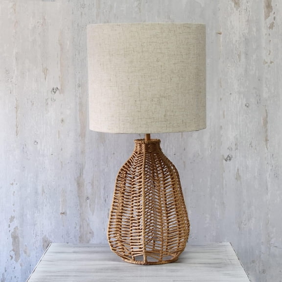 Elegant Designs LT2106-NAT 21" Tall Boho  Inspired Rustic Paper Rope Rattan Wicker Look Standard Table Desk Nightstand Lamp with Light Beige Fabric Linen Shade, Natural