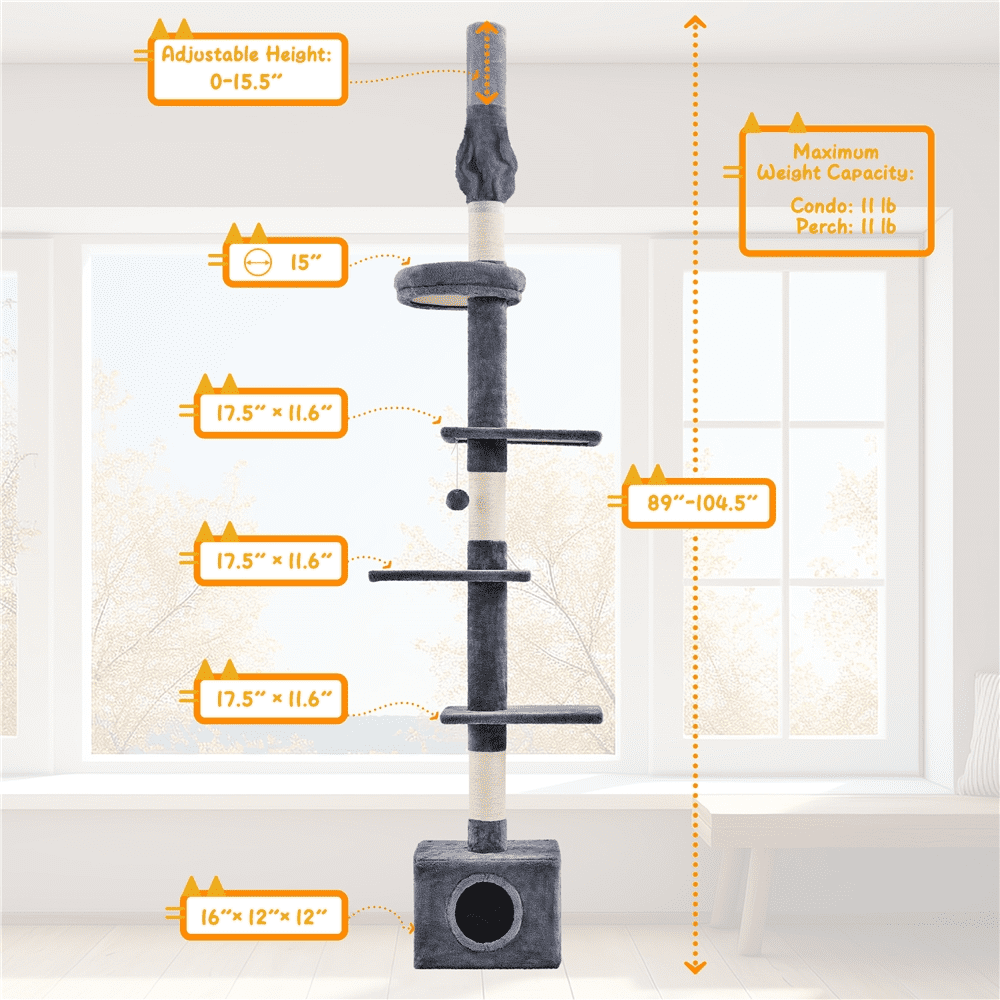 Alden Design Multilevel Floor To Ceiling Cat Tree with 4 Perches, Dark Gray