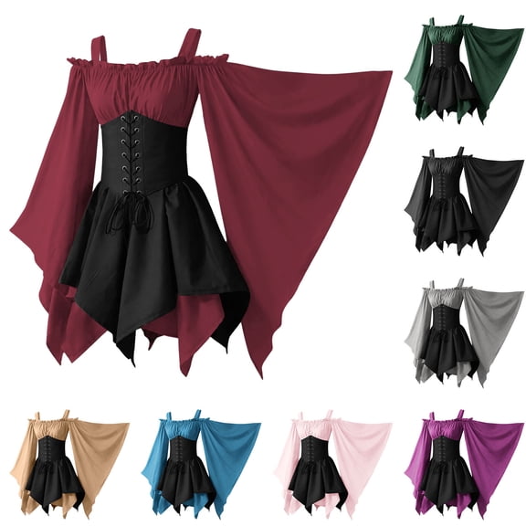 Jsaierl Women's Medieval Off Shoulder Corset Dresses Flare Bell Sleeve Lace Up Irregular Hem Renaissance Halloween Costume