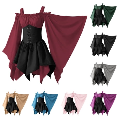 Oksale Gothic Mini Dresses for Women Vintage Medieval Flowy Butterfly Sleeve Cocktail Dresses Renaissance Lace Up Corset Cold Shoulder Oktoberfest Outfits Purple S