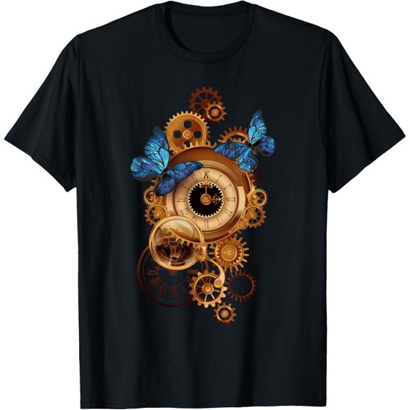 Steampunk Clock Gear and Butterflies Vintage Retro Aesthetic T-Shirt