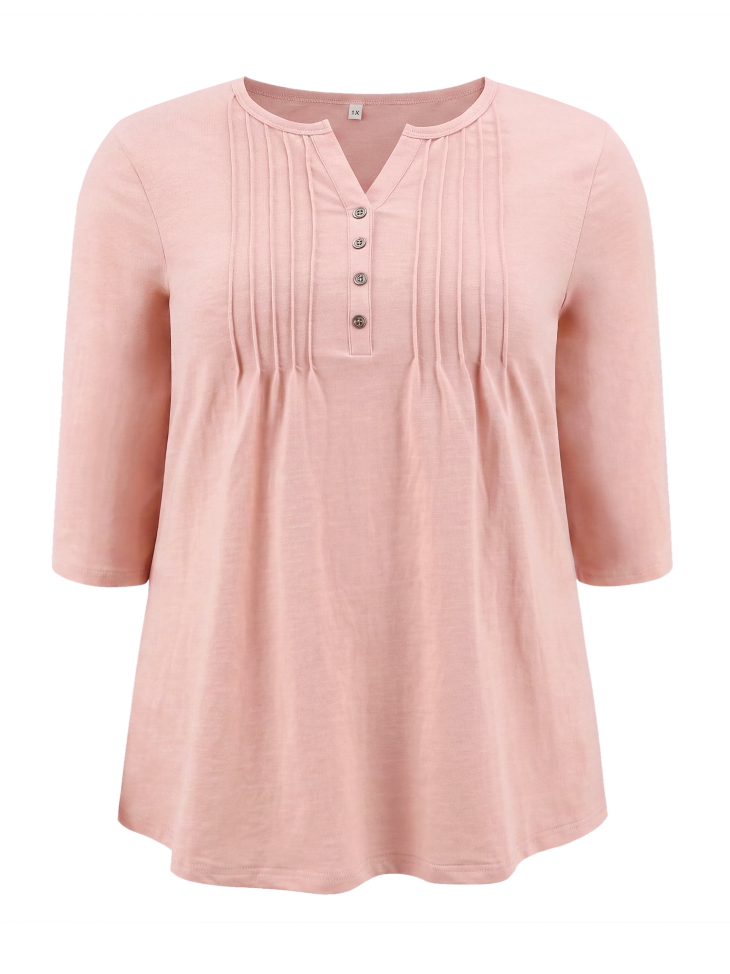 DARING DIVA Women's Plus Notched Neck 3/4 Sleeve Front Pleated Button Blouses 2X Pink