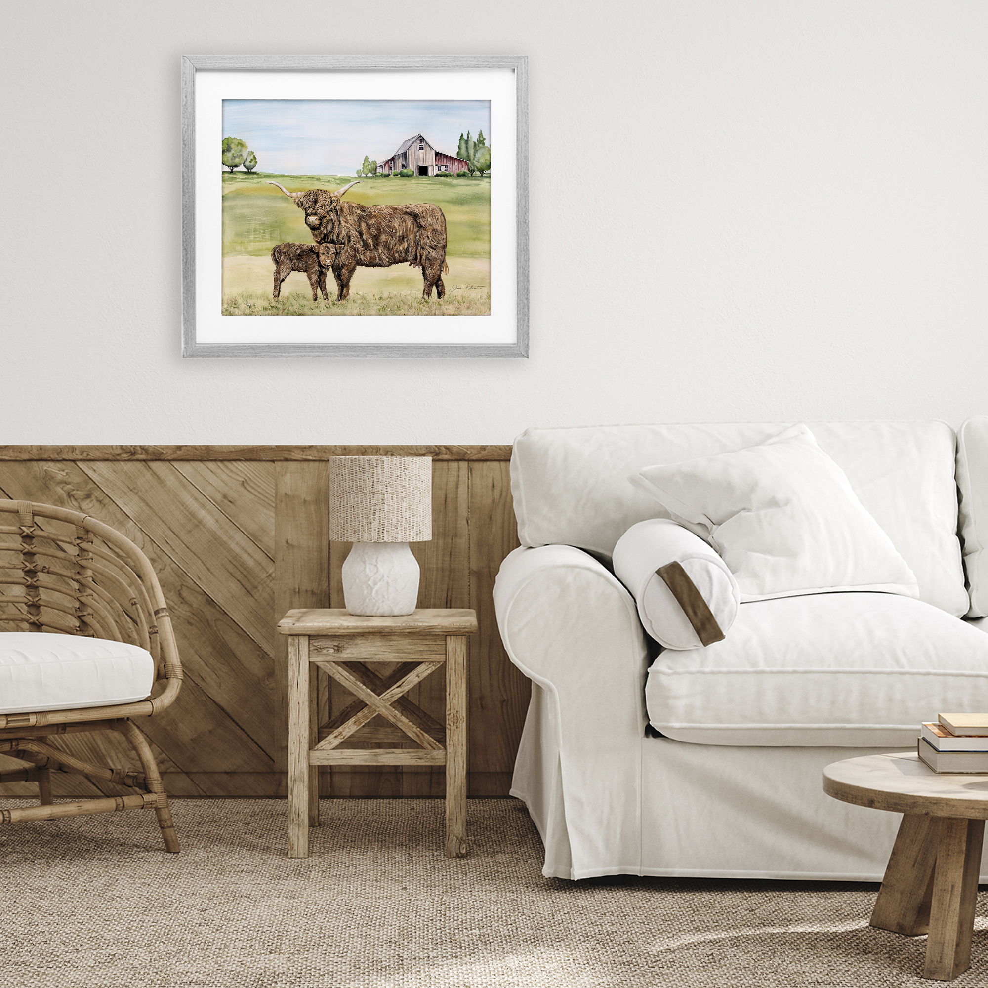 Highland Cow And Calf Gray Framed Print Under Glass, design by Jean Plout