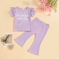 thumbnail image 2 of Kaprioy Girls Summer Outfits Toddler Girl 2Pcs Fly Sleeve ATTITUDE MAMA'S MINI Letter Shirt Tops + Waffle Flare Pants Set Clothes, 2 of 6
