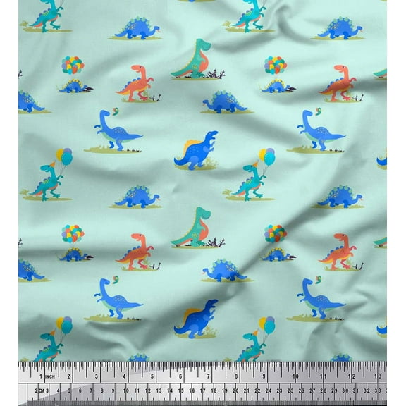 Soimoi Green Cotton Duck Fabric Balloon & Dinosaur Kids Print Fabric by Yard 42 Inch Wide