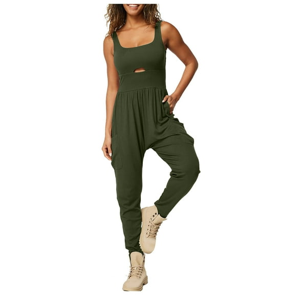 OVBMPZD Workout Jumpsuits for Women Athletic Green Yoga One Piece Cutout Pockets Jumpsuits Rompers for Women L